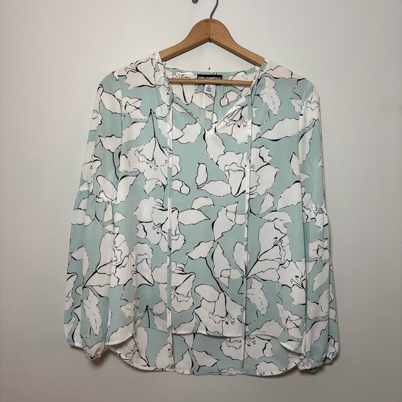 Karl Lagerfeld Tops - Karl Lagerfeld Paris Mint Floral Tie-Neck Balloon Sleeve Chiffon Blouse Sz Sm